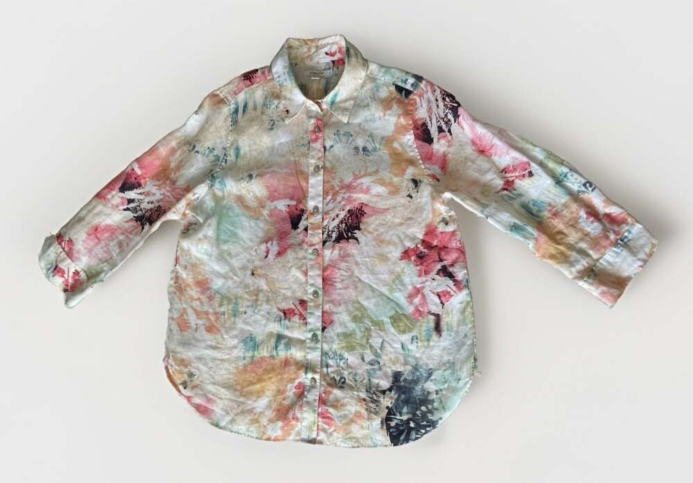 Chicos 1 Womens 8/M Linen Watercolor Art Button Shirt 3/4 Sleeve Resort Coastal